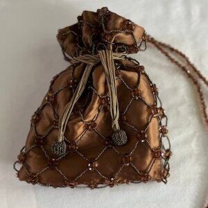 MAGID | Brown Satin/Bead Macrame Small Crossbody Shoulder Bag-EUC
